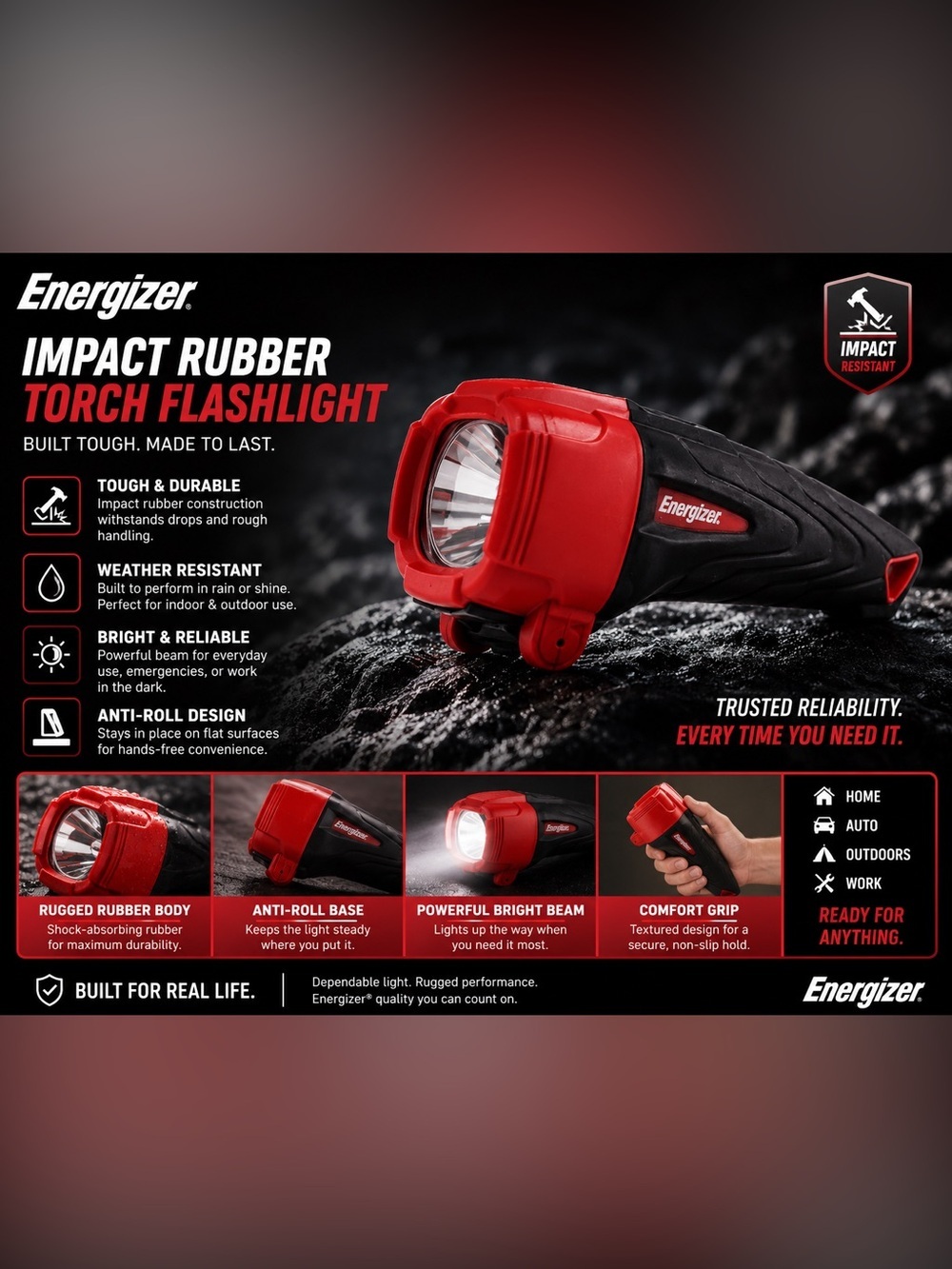 Energizer Red and Black Impact Rubber Torch Flashlight